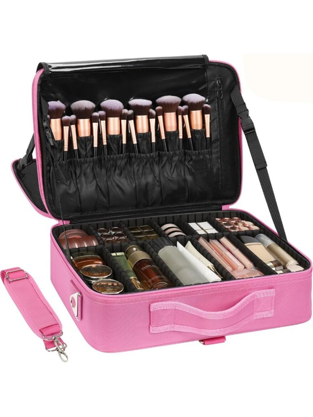 Large Waterproof Makeup Case - 3 Layer Cosmetic Organizer with Adjustable Strap